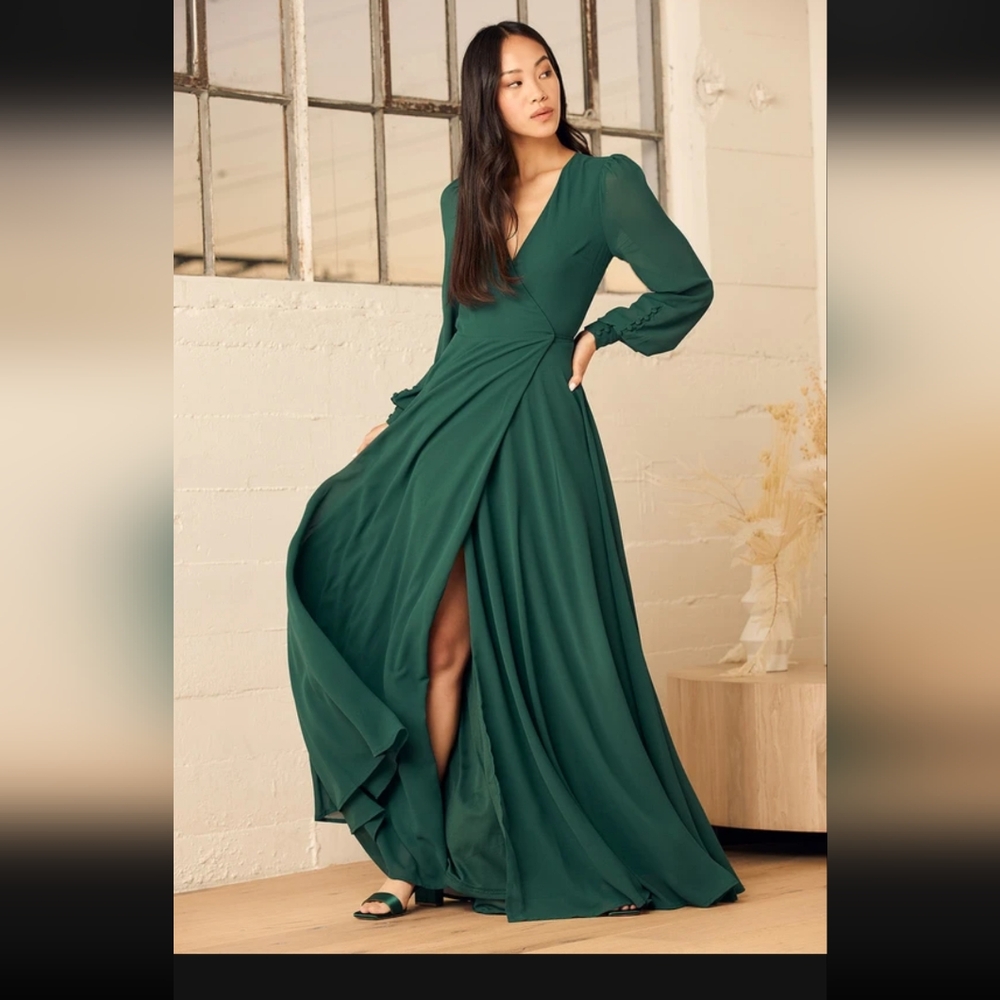 Lulu's My Whole Heart Emerald Green Long Sleeve Wrap Dress - Size L